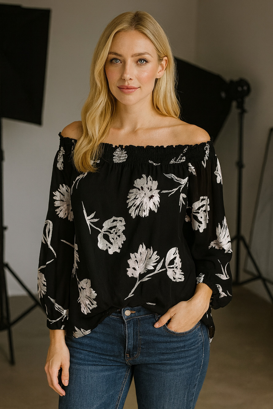 White House Black Market Blouse Size XL Black White Floral Silk Blend Long Sleev